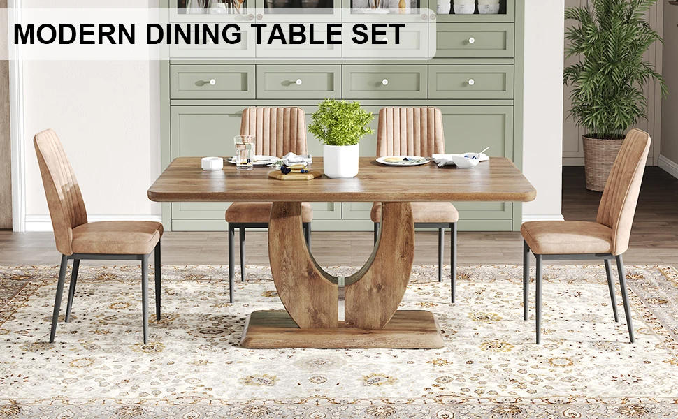 Description Picture 3 of itemTable Set for 6, Kitchen Table Chairs Set of 6, Modern Dining Room Set with 63 inch Wood Dinner Table Leather Upholstered