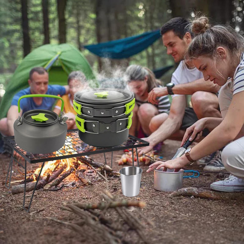 Description Picture 6 of item1 Set Outdoor Pots Pans Camping Cookware Picnic Cooking Set Non-stick Tableware With Foldable Spoon Fork Knife Kettle Cup