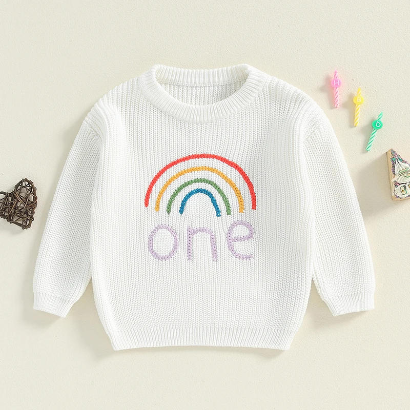Description Picture 2 of itemBaby Girl Birthday Sweater Rainbow Embroidery Long Sleeve Pullover Crew Neck Tops for Fall Winter