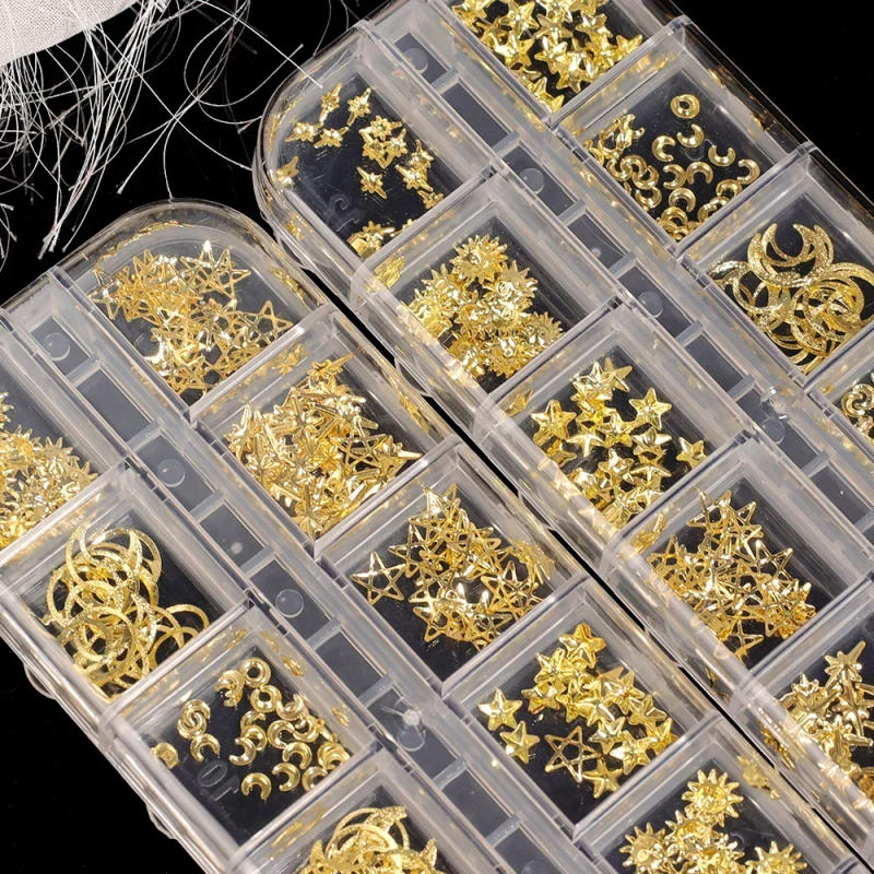 Description Picture 5 of itemHeallor Gold Star Moon Nail Charms 12Grids Metal Slice Rivet Nail Rhinestones DIY 3D Flatback Nail Art Decorations Manicure Acce