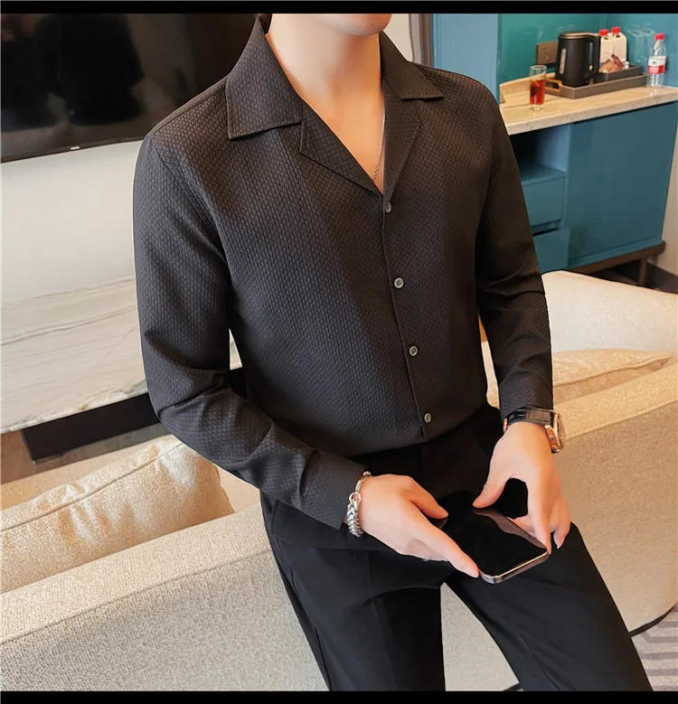 Description Picture 5 of item2024 Spring Summer V-neck Long Sleeved Shirt for Men's Business Casual Formal Dress Shirts Male Social Party Tuxedo Streetwear