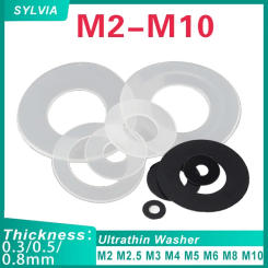 50/ 100pcs 0.3/ 0.5/ 0.8mm Black/ White Plastic Nylon Ultrathin Washer Flat Ring Seal Washer Gasket M2 M2.5 M3 M4 M5 M6 M8 M10