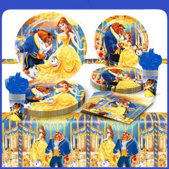 Disney Beauty And Beast Birthday Party Supplies Girl Baby Shower Disposable Tableware Cup Plate Napkin Banner Cake Flag Decor