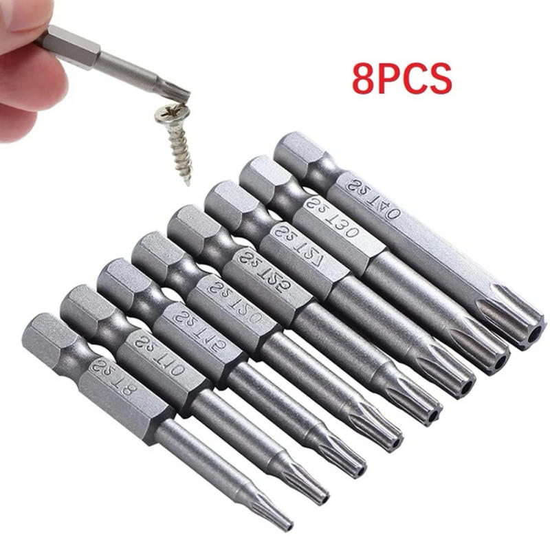 Description Picture 3 of item8Pcs Torx Screwdriver Bit Set 50mm Magnetic Tamper Resistant Star Bits 1/4" Hex T8-T40 Screwdriver Wrench Drill Bit Set