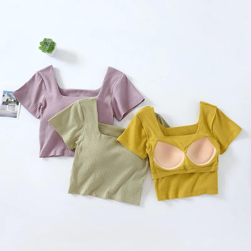 Description Picture 4 of item2024 New Women's Short Sleeve Tank Tops With Chest Pad Summer One Piece Casual Square Neck Crop Top With Built In Bra T-shirt