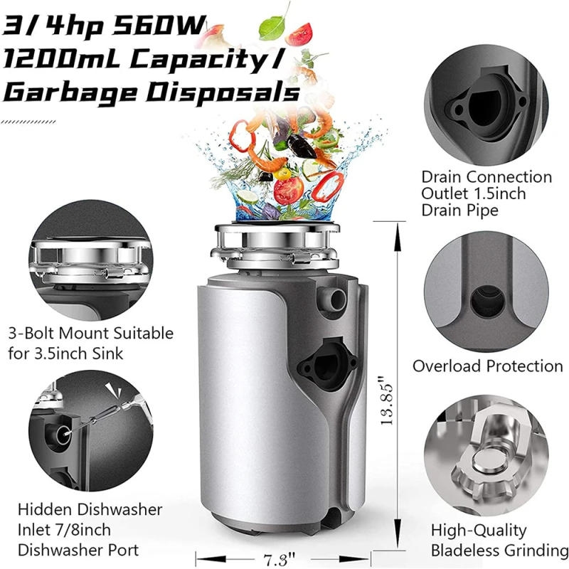 Description Picture 4 of itemFood Waste Disposer 1200ml Capacity Food Crusher 560W Stainless Steel Grinder Kitchen Appliances Garbage Disposal Material