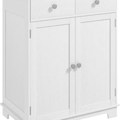 Sideboard with Solid Wood Countertop Modern Kitchen Storage Cabinet Coffee Bar Cabinet with 2 Drawers Doors  Distressed White