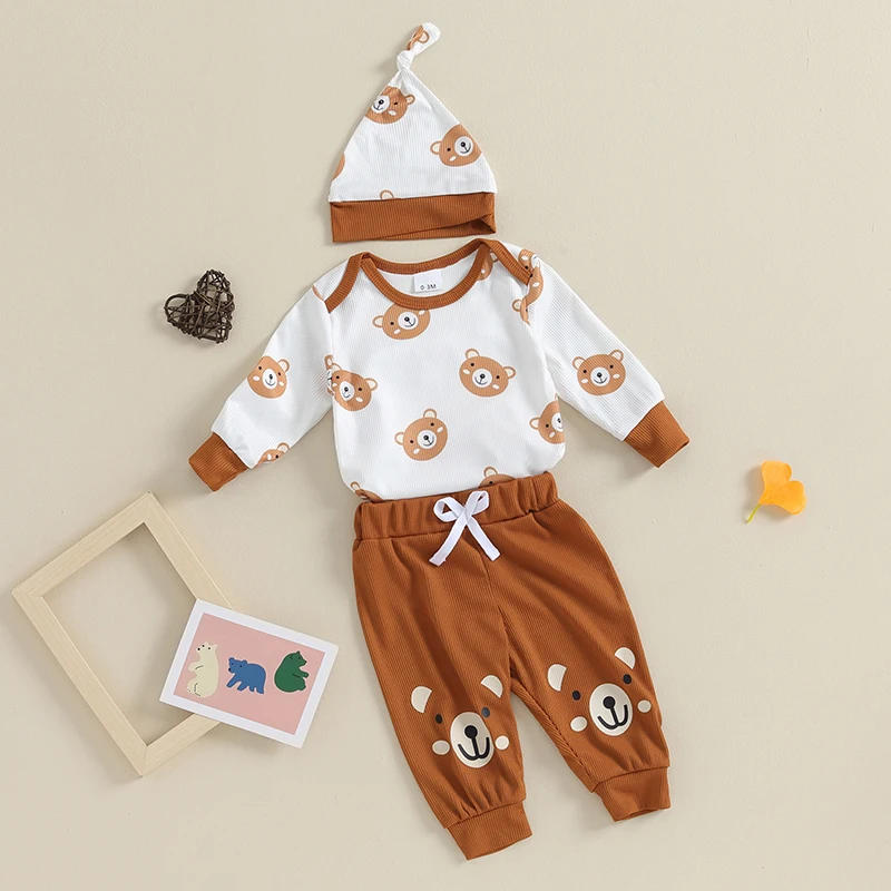 Description Picture 4 of itemBaby Girls 3PCS Pants Sets Long Sleeve Bear Print Romper Drawstring Pants Hat Sets