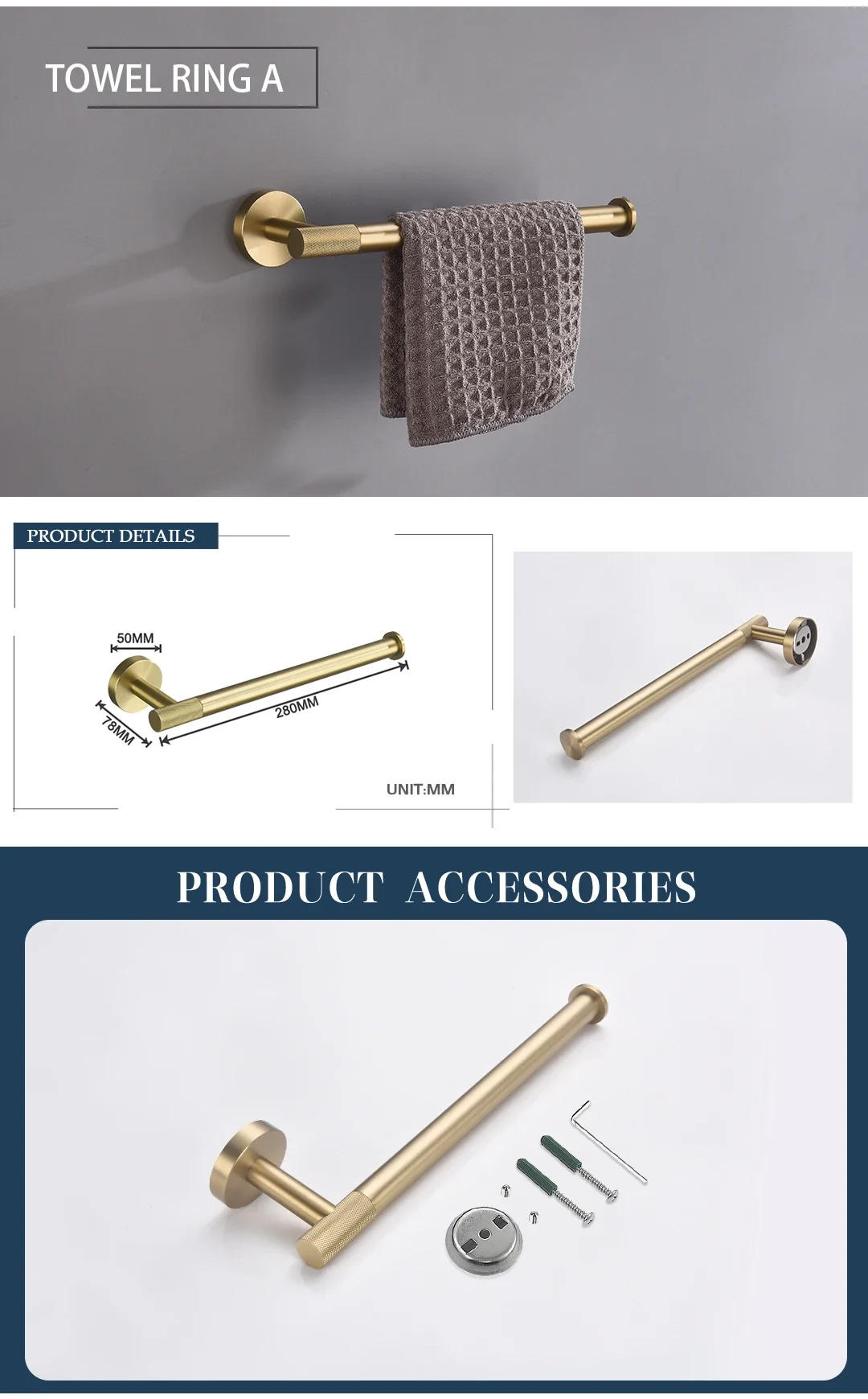 Description Picture 3 of itemBrushed Gold Brass Knurling Bathroom Accessories Set Wall Mount Hand Towel Rack Toilet Paper Holder Robe Hook Hanger