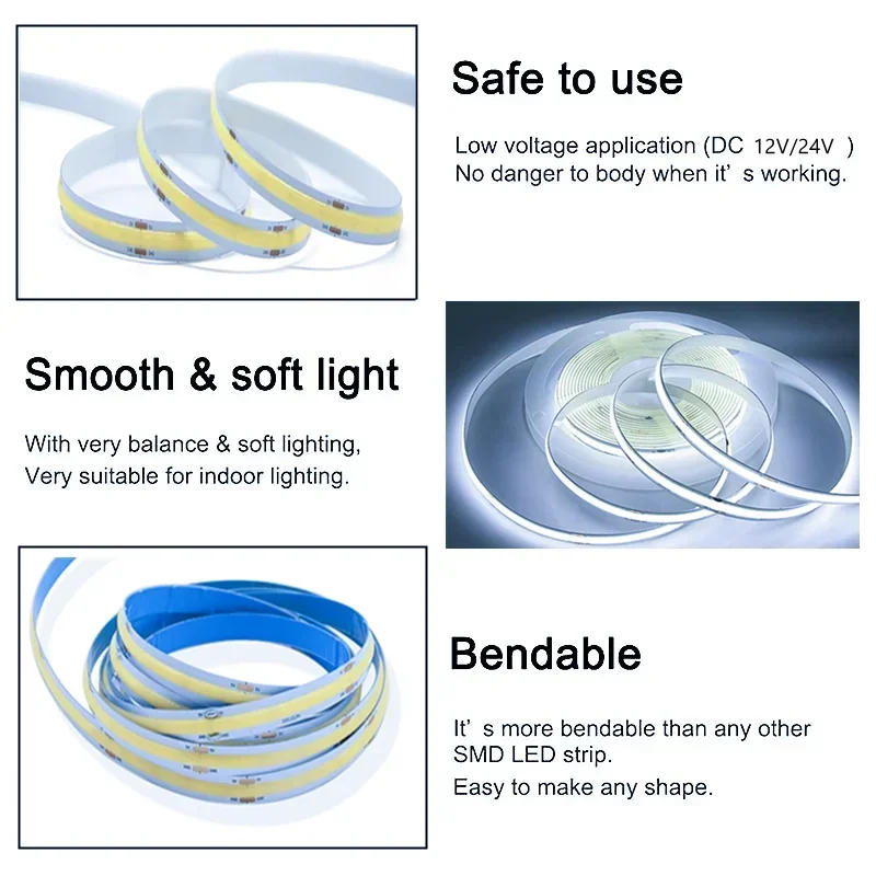 Description Picture 6 of item10m 8mm COB LED Strip DC 12V 24V Warm FOB LED Light for Room Bedroom Decor 3m 5m High Density Soft Flexible Neon Tape Light Lamp