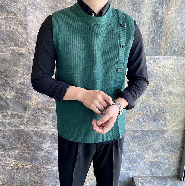 Description Picture 5 of itemMen's Clothing Green Knit Sweater Male Crewneck Sleeveless Business Waistcoat Vest Round Collar Free Shipping Fashion 2023 Tops