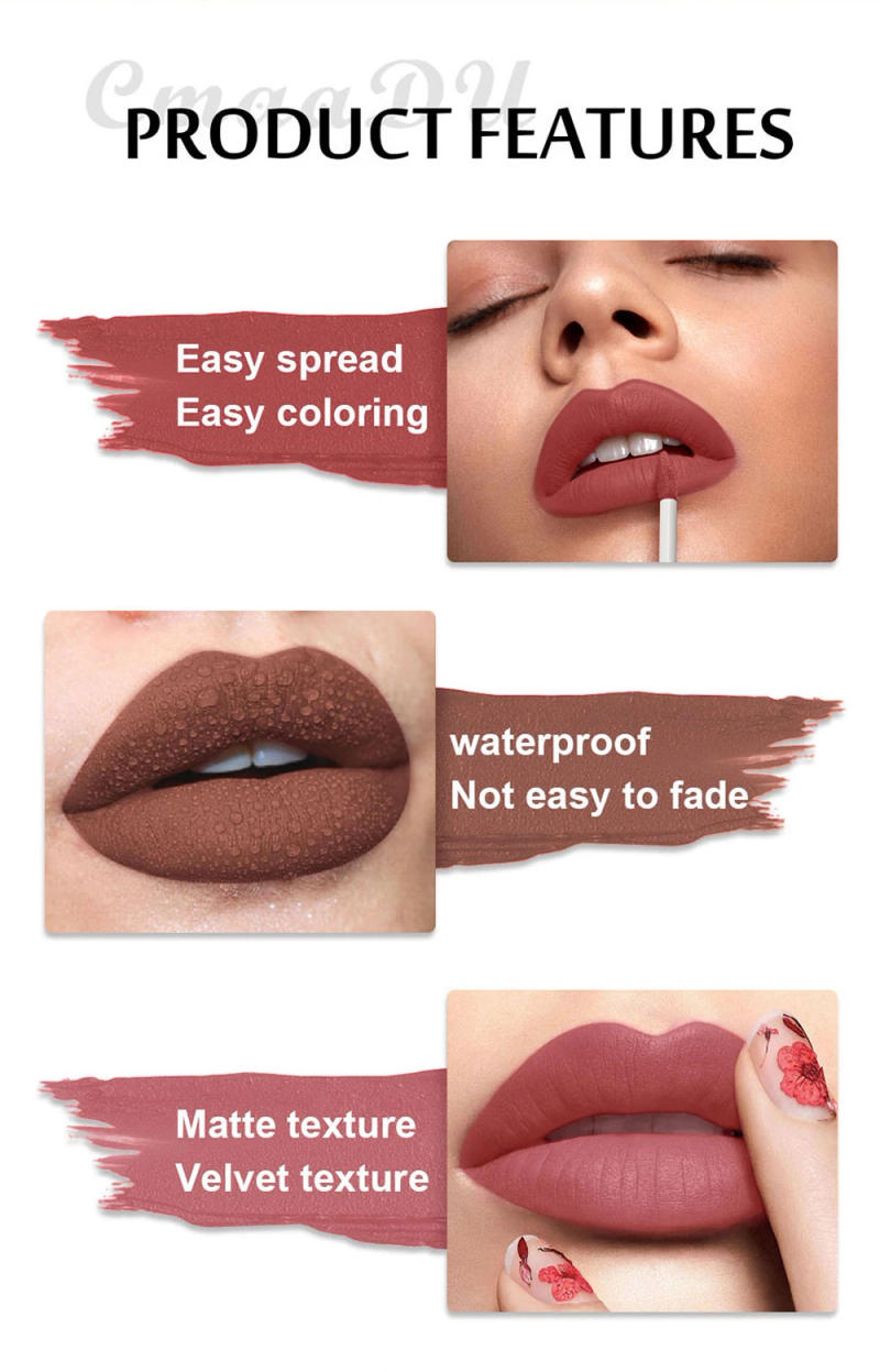 Description Picture 4 of item12 Color Sexy Long Lasting Velvet Matte Lip Gloss Liquid Lipstick Lip Makeup Women Beauty Red Nonstick Cup Waterproof Lip Gloss