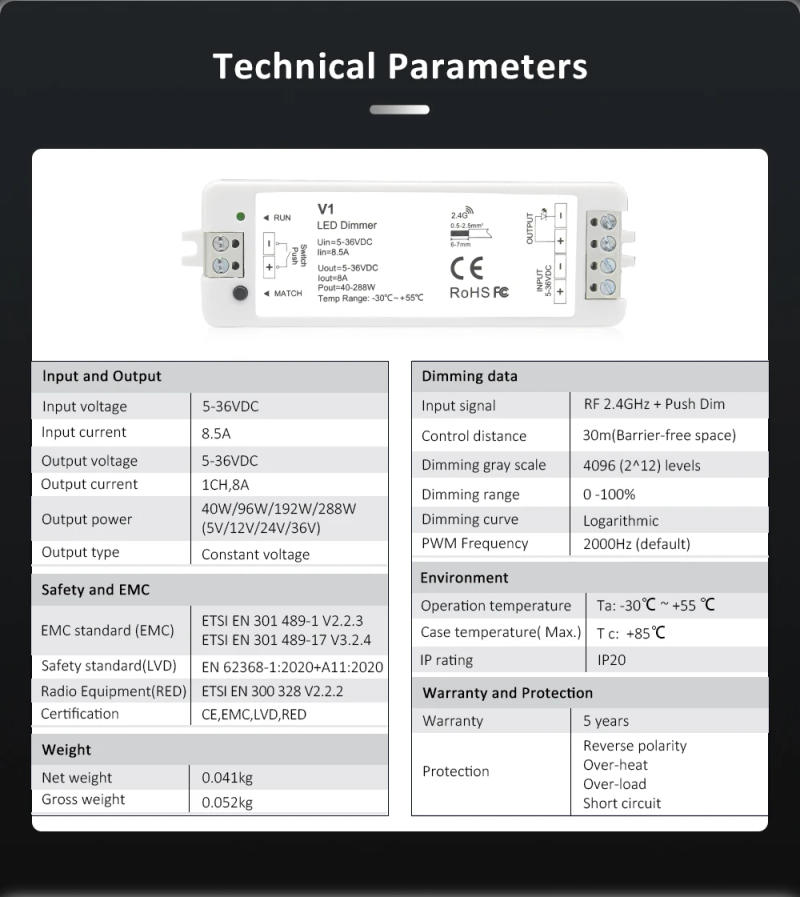 Description Picture 3 of itemV1 PWM LED Dimmer 5v 12v 24v 36v 8A 1CH 2.4G RF Wireless Wall Mounted Touch Panel Remote for Single Color 2835 5050 Strip Light