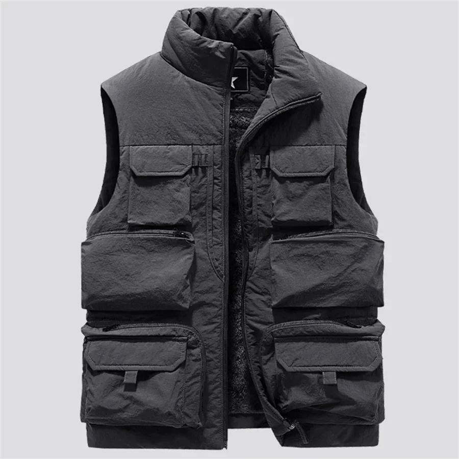 Description Picture 6 of itemNew Fashion Men Cargo Vest Winter Thick Fleece Warm Sleeveless Sport Jacket Solid Color Tactical Coat Men Pockets Work Waistcoat