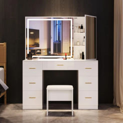 Large Lighted Vanity Desk with Stool, 7-Drawers Makeup Vanity with Mirror, Adjustable Brightness, Bedroom Vanity Set