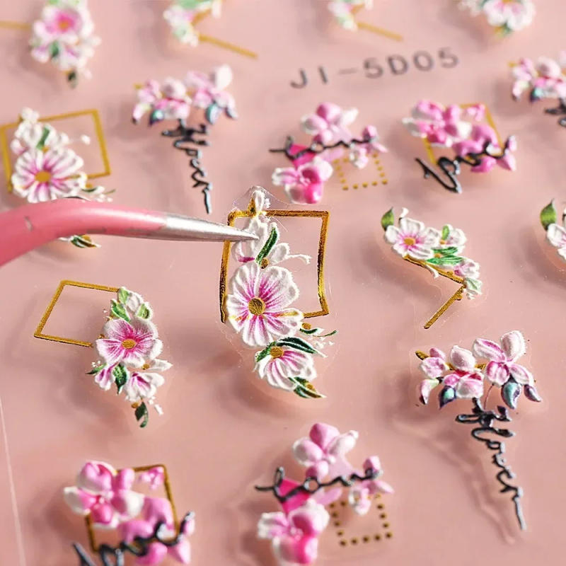 Description Picture 6 of item5D Nail Stickers Flowers Geometric Lines Decor Acrylic Embossed Sliders Gold Frame Nail Decals Cherry Blossom Manicure Nail Art
