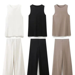 TRAFZA Women Casual Solid Top Pant Sets O Neck Sleeveless T-Shirt Vest Tops Elastic Waist Loose Trousers Summer Office Lady Suit