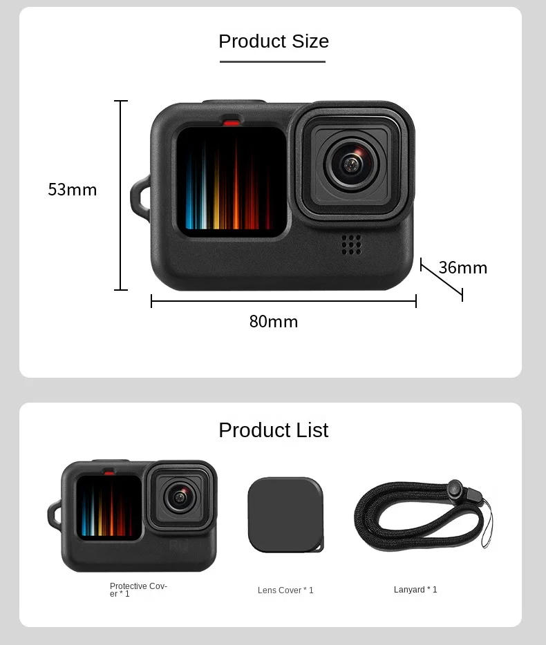 Description Picture 3 of itemSoft Protective Case for Go Pro Hero 12/11/10/9 Universal Silicone Lens Cap Case Lanyard Set for Go Pro Sport Action Accessories