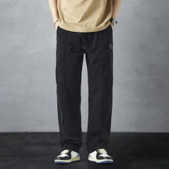 Men Polyester Sweatpants Retro Style Men's Cargo Pants with Wide Leg Elastic Waist Solid Color Straight Trousers with for Warmth