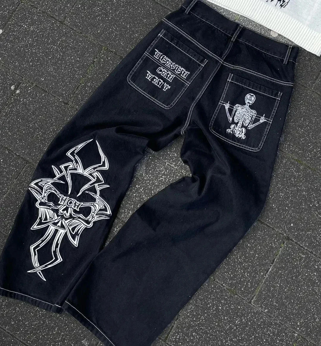 Description Picture 6 of itemY2K Jeans Mens Hip Hop Retro Skull Embroidery Washed Baggy Denim Pants Women Straight Casual Loose Wide Leg Trouser Streetwear