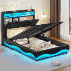 Bed Frame with Type-C Charging Station& Hidden Storage Headboard, LED Lights Upholstered Platform Bed, Twin Bed with Hydraulic