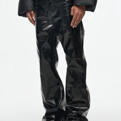 Black-coated Glossy Patent Leather Micro-lapped Jeans Japanese Streetwear Tactical Pants