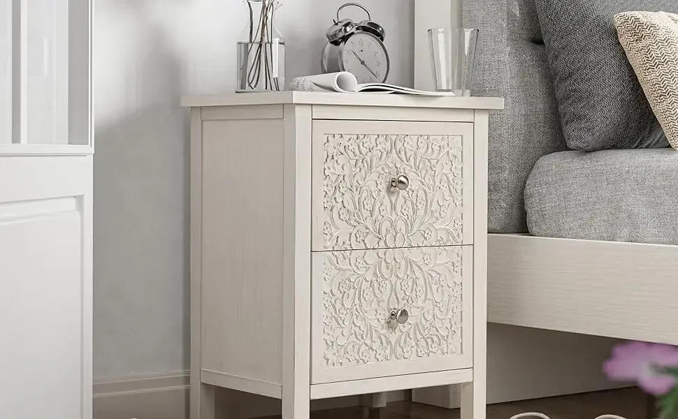Description Picture 5 of itemSet of 2 Farmhouse Fully-Assembled Nightstand with 2-Drawer, Flower Motif End Table for Small Spaces,White-Washed