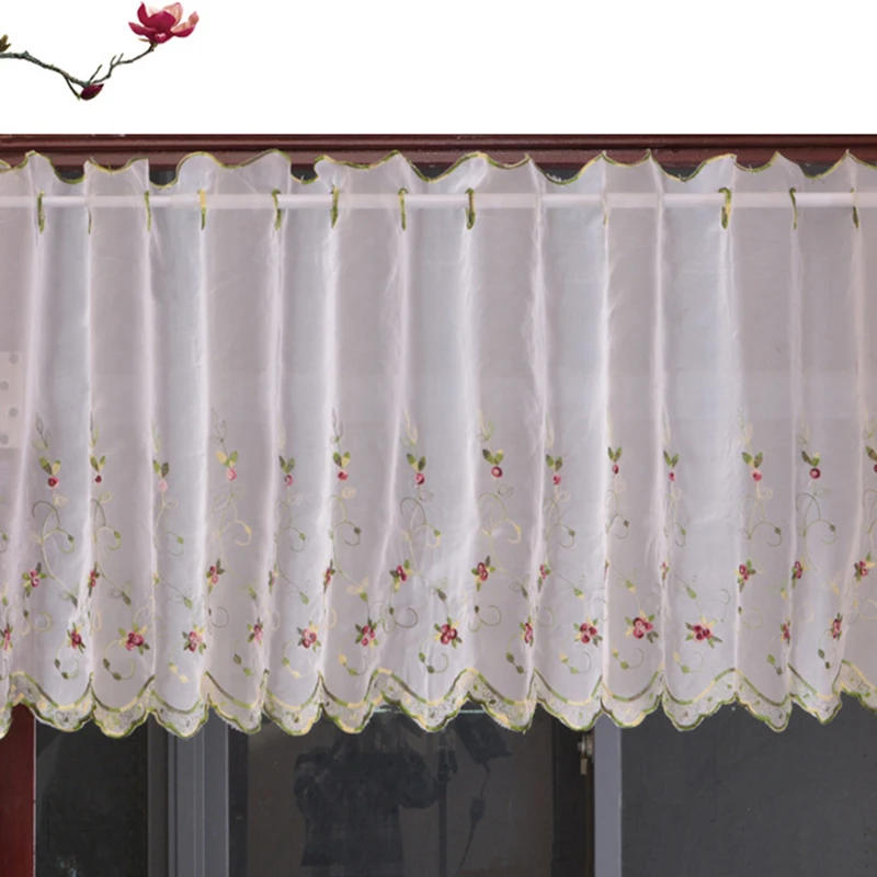Description Picture 3 of itemLace Pastoral Embroidered Floral Short Voile Curtains Perspective Pelmet Valance For Kitchen Bathroom Indoor Balcony Bay Window