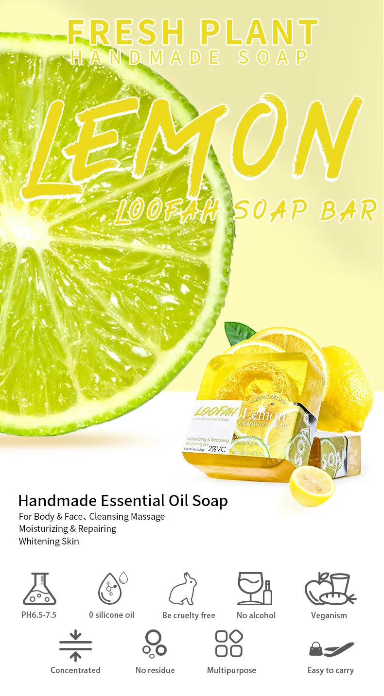 Description Picture 2 of itemNew Arrival Lemon Loofah Soap 100g Handmade Essential Oil Soap with Loofah Lavender Soap Rose Soap Kojic Acid Soap Turmeric Soap