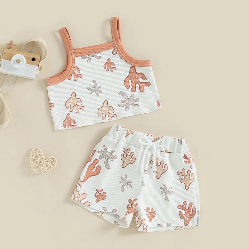 Description Picture 4 of itemBaby Girls Shorts Set Coral Print Spaghetti Straps Camisole with Elastic Waist Shorts Summer Outfit
