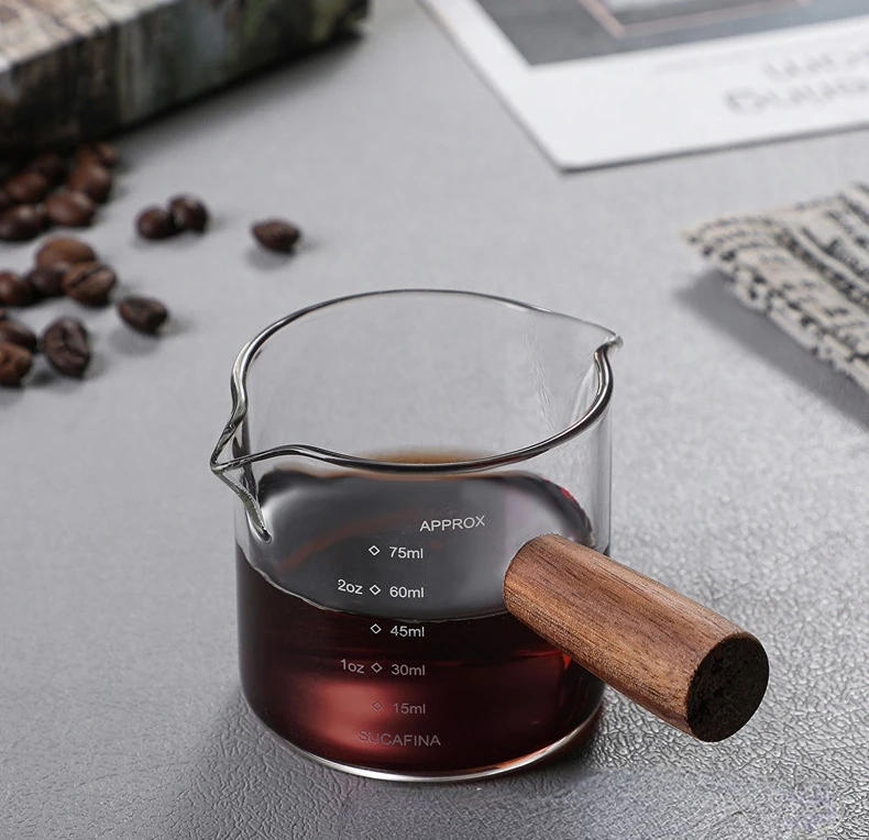 Description Picture 6 of item50/75/100ML Wooden Handle Glass Espresso Measuring Cup Double/Single Mouth Milk Latte Jug Coffee Supplies Kitchen Mug Drinkware