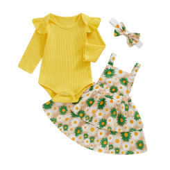 Baby Girls 3PCS Dress Sets Flying Sleeve Romper Floral Print Suspender Dress Headband Sets