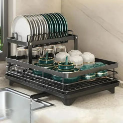 Adjustable Dish Drying Rack, Kitchen Plates Organizer with Drainboard, Over Sink Countertop, Cutlery Storage Holder