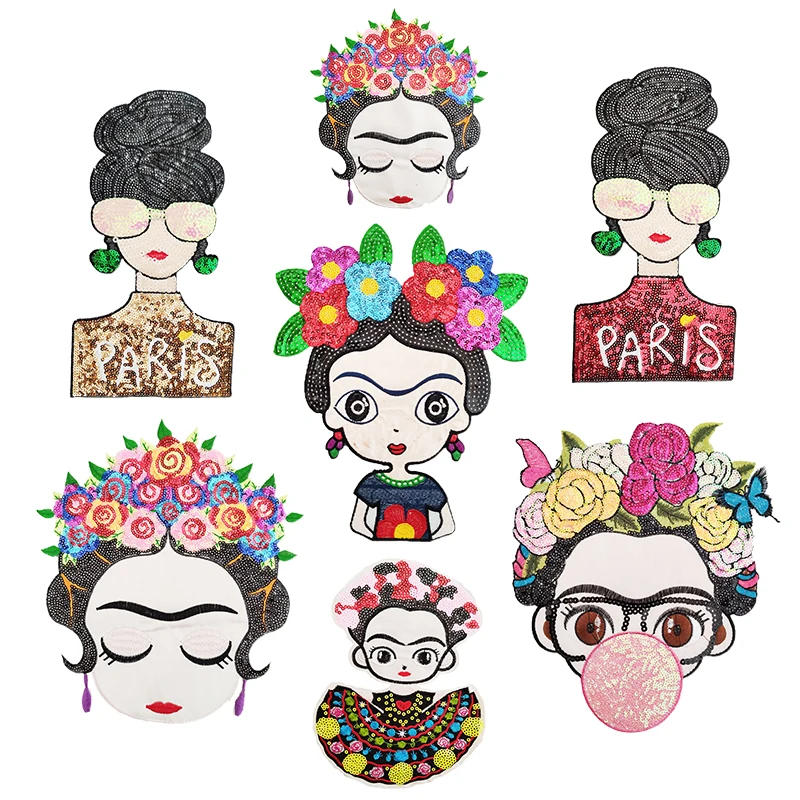 Description Picture 2 of itemMexican Flowers Headwear Girls Iron on Patches Cartoon Characters Sequins Embroidery Patch for Clothing  Accessories Bag Sticker