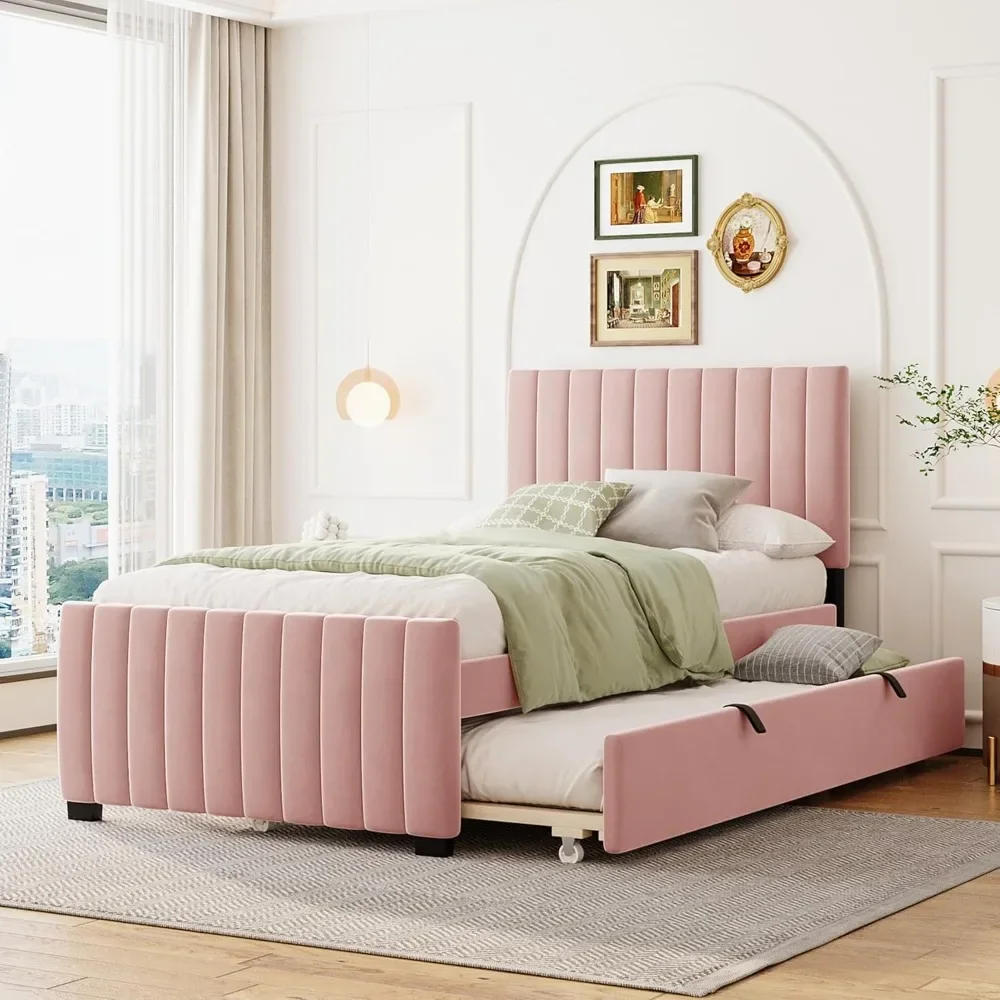 Description Picture 2 of itemBeds,Velvet Upholstered Platform, Wood Frame Trundle, Twin Size Bed, Pink