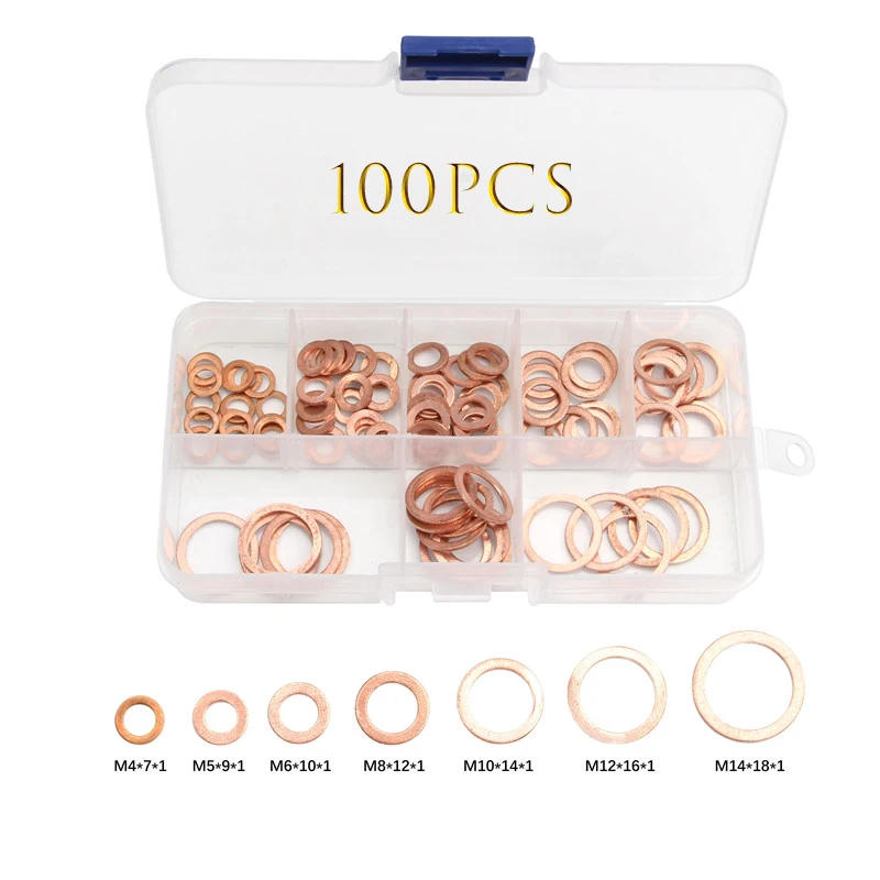 Description Picture 6 of item100/200/250/300/568pcs O Ring Copper Washer Gasket Set M4-M28 Flat Ring Sealing Solid Washer Sump Plug Oil Gasket Car Drain Seal