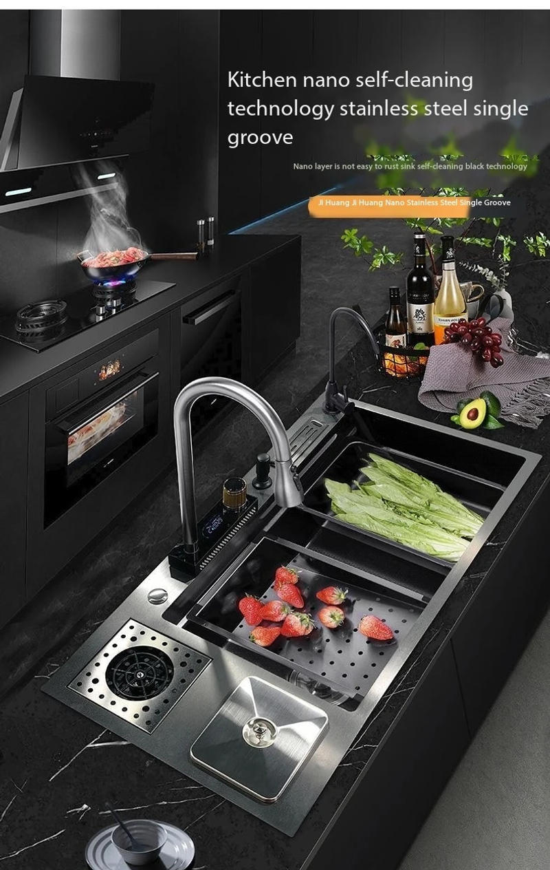 Description Picture 2 of itemGarbage Can Honeycomb Waterfall Sink Kitchen Stainless Steel Topmount Sink Large Single Slot Wash Basin With Waterfall Faucet