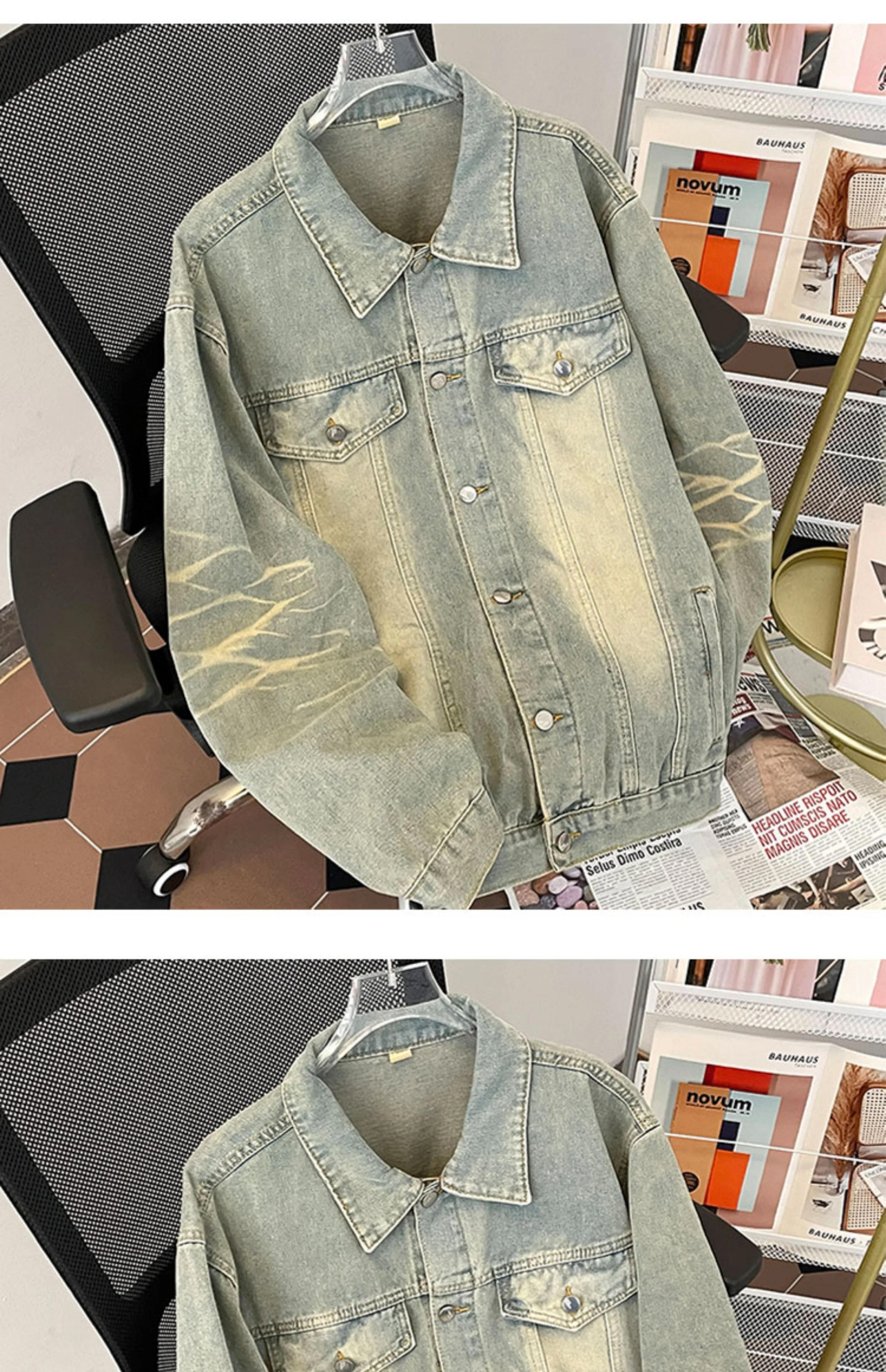 Description Picture 3 of itemAmerican Gradient Tie-dye Distressed Denim Jackets Men's Lapel Retro High Street Workwear Casual Loose Overcoat Male Clothes