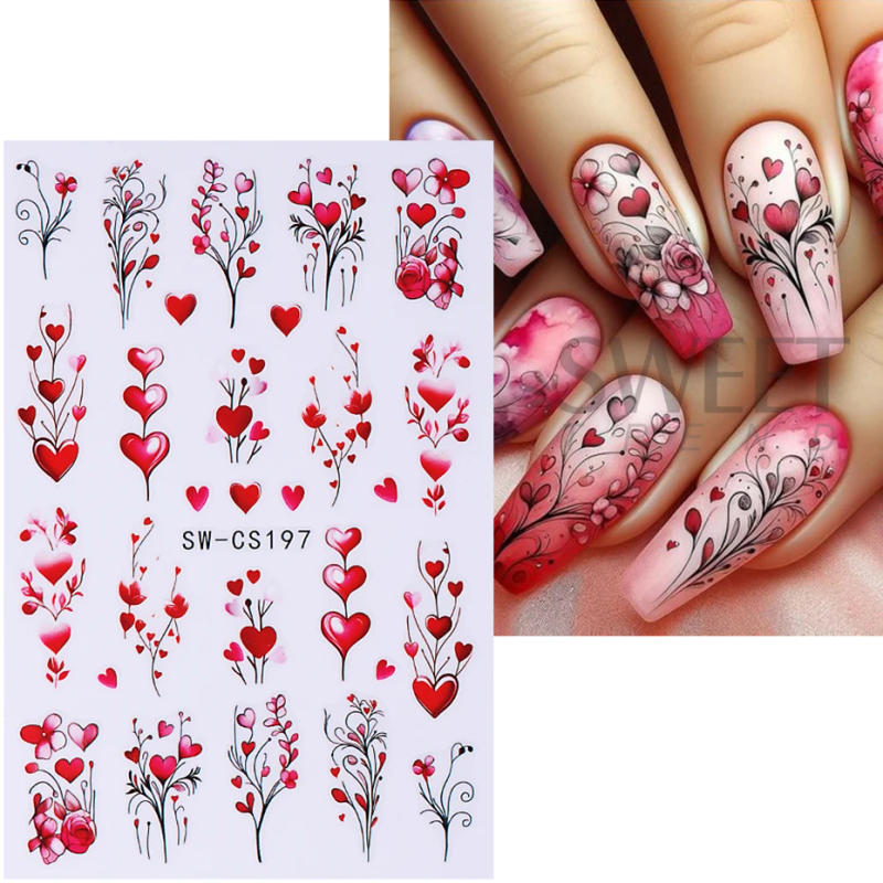 Description Picture 6 of itemNew Valentine's Day Nail Art Stickers 3D Red Rose Love Heart Nail Decals DIY Adhesive Slider Manicure Decorations Nail Supplies