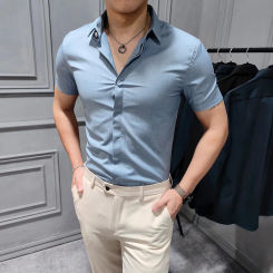 Kurzarmhemd Business-Kleid lässig Slim Fit High-End-Herren bekleidung keine Eisen Sommer Stickerei versteckt Knopf wenig