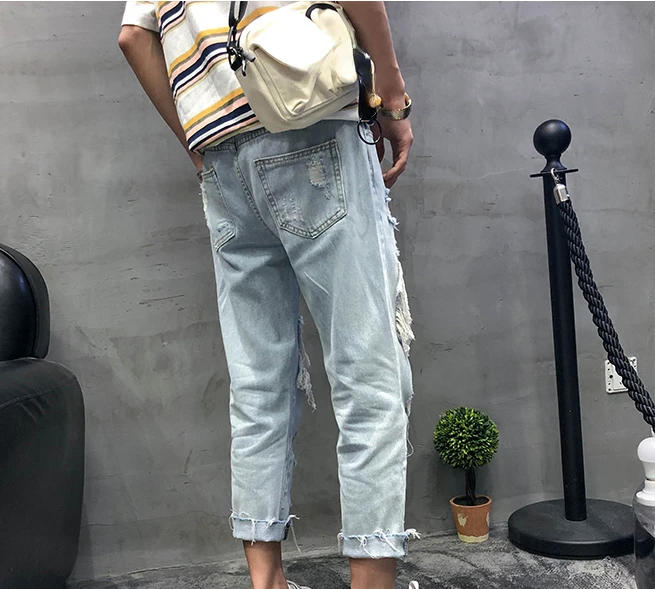 Description Picture 4 of itemSpring/Summer Men's Loose Hole Nine Point Jeans Fashion Beggar Straight Denim Pants