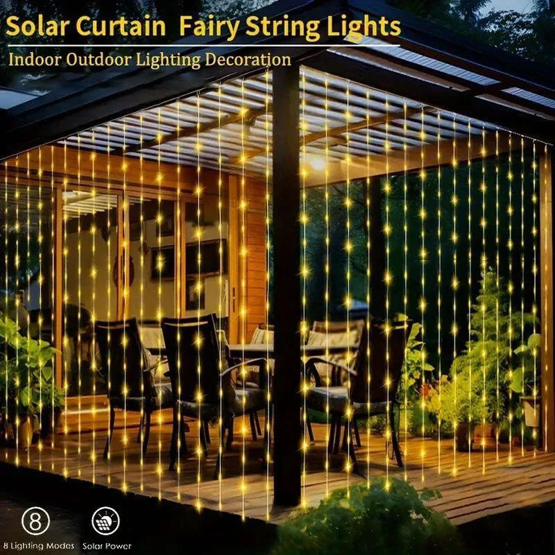 Description Picture 2 of item1pc 8 Modes 3M/6M LED Solar Curtain String Fairy Lights,for Home Garden Porch Backyard Wedding Party Christmas Decorations natal