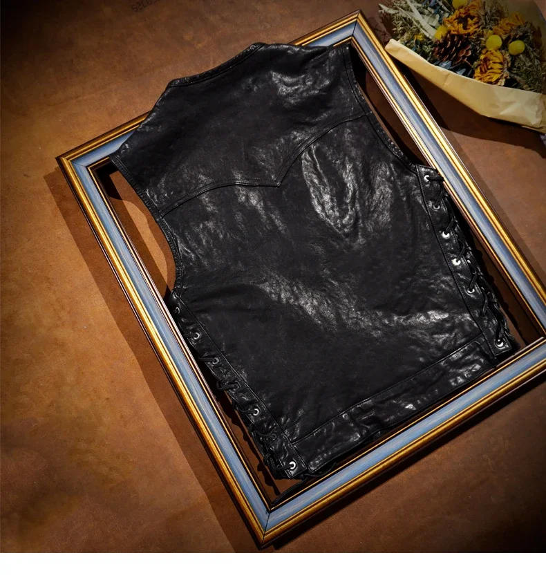 Description Picture 5 of itemWear Heavy Washed Motorcycle Head Layer Full Grain Surface Layer Vegetable Tanned Sheepskin Vest Men's Genuine Leather