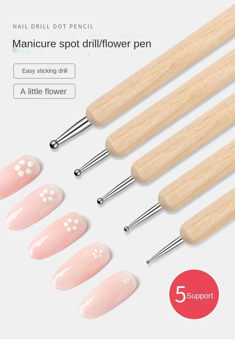 Description Picture 2 of item5pc Professional 2 ways Nail Art Dotting Pen Wood Steel DIY Dotting Pens Rhinestones Gem Picker Manicure Tools