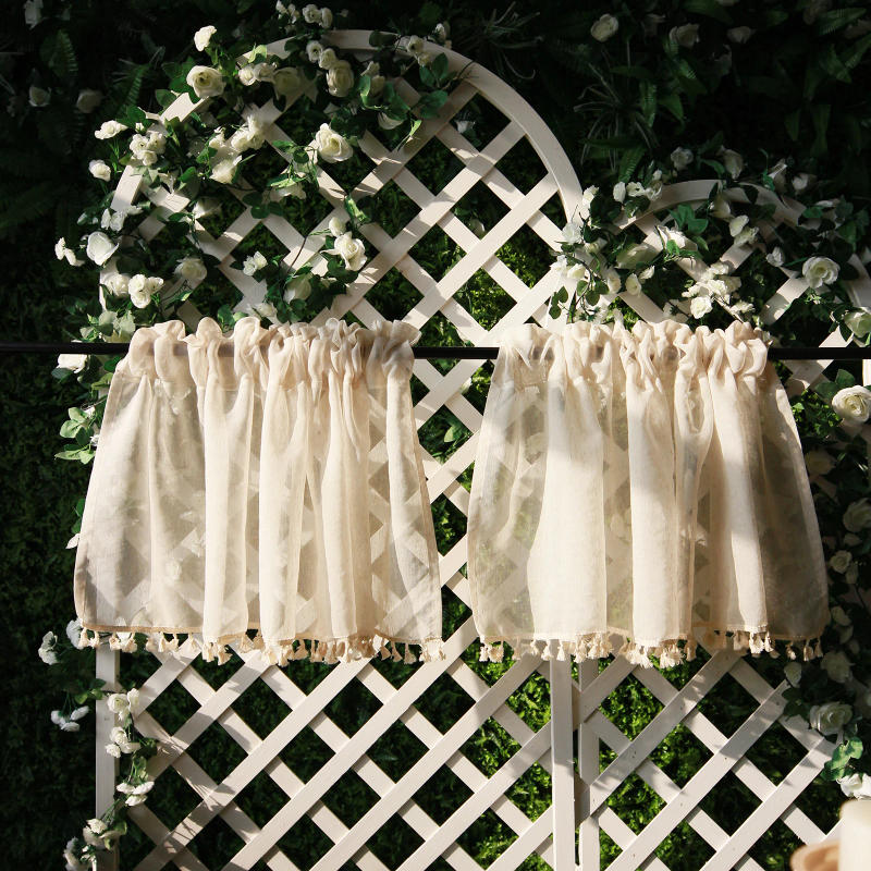 Description Picture 3 of itemVintage Linen Window Drapes Tassels Sheer Cream Beige Tier Curtains Cafe Kitchen Net Short Curtains Panels Rod Pocket Valance