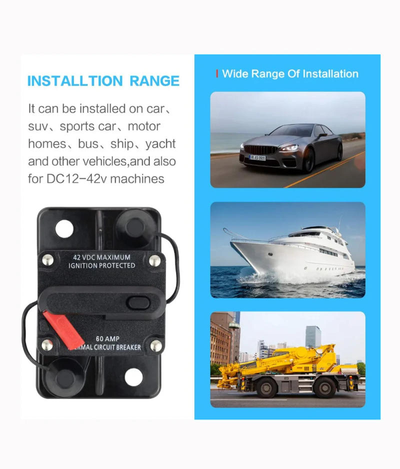 Description Picture 2 of item50A 60A 80A 100A 150A 200A 250A 300A Circuit Breaker 12-42VDC Car Truck Audio Resettable Fuse Circuit Breaker with Power Protect