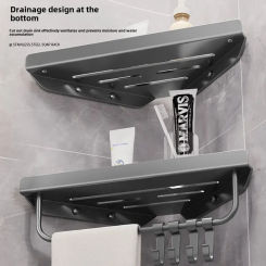 Bathroom Triangle Drain Shelf No Drilling Wall Mounted Cosmetic and Toiletries Hollow Carbon Steel Shelf with Hooks