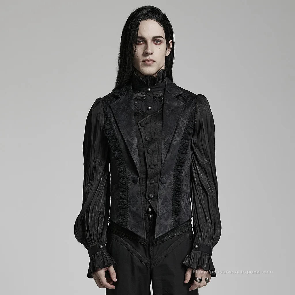 Description Picture 3 of itemPUNK RAVE Men's Gothic Gorgeous Lace Decoration Asymmetric Lapel Waistcoat Unique Pointed Outline Elements Party Long Sleeve Top