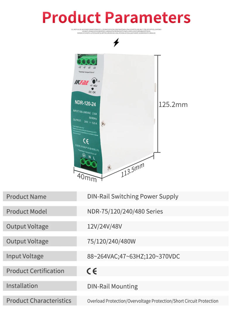 Description Picture 4 of itemNDR-75 120 240 480 Industrial DIN Rail Switching Power Supply Output 12V 24V 48V Single Output Source Power