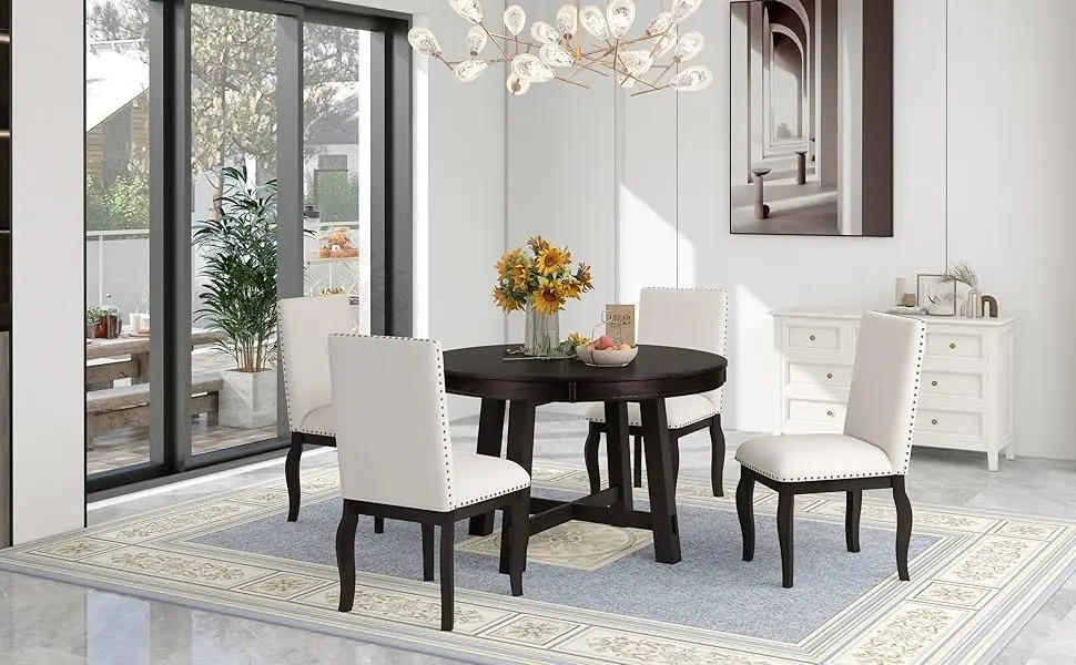 Description Picture 2 of item5-Piece Round Dining Table, Upholstered Chair Set, Round Dining Table with Shelf, Wood Dinings Table Set for Family Dinings Area